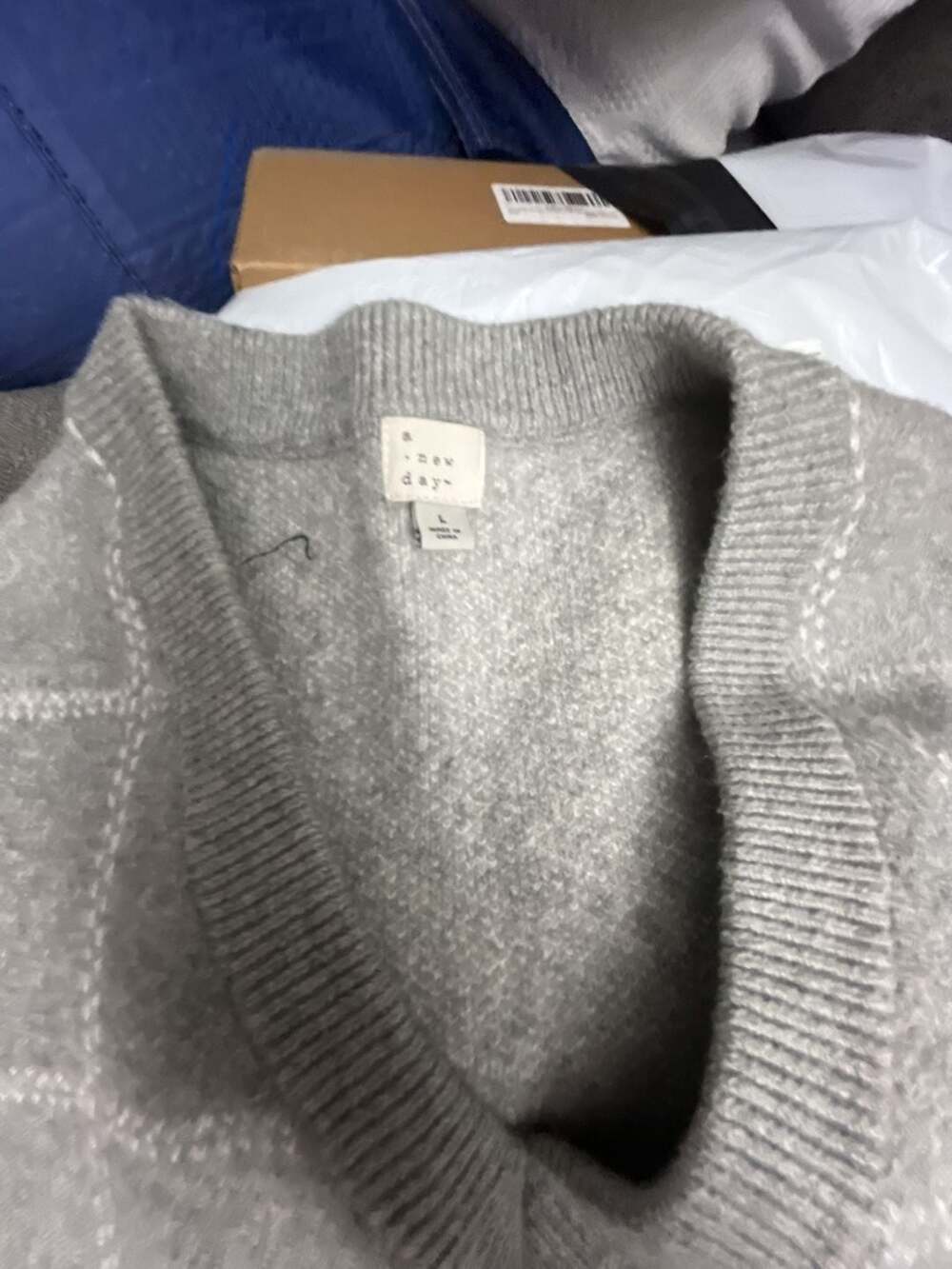 A New Day Women's Gray Windowpane Check V-Neck Sweater Vest, Size Large